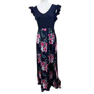 NWOT Sleeveless Ruffle Flower Maxi Dress Royal Blue Casual Spring Medium